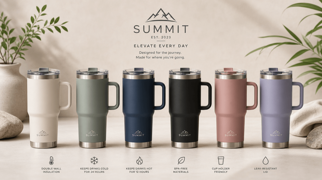 Multiple color variants of product line displayed together, coordinated professional styling, matching lighting, brand c