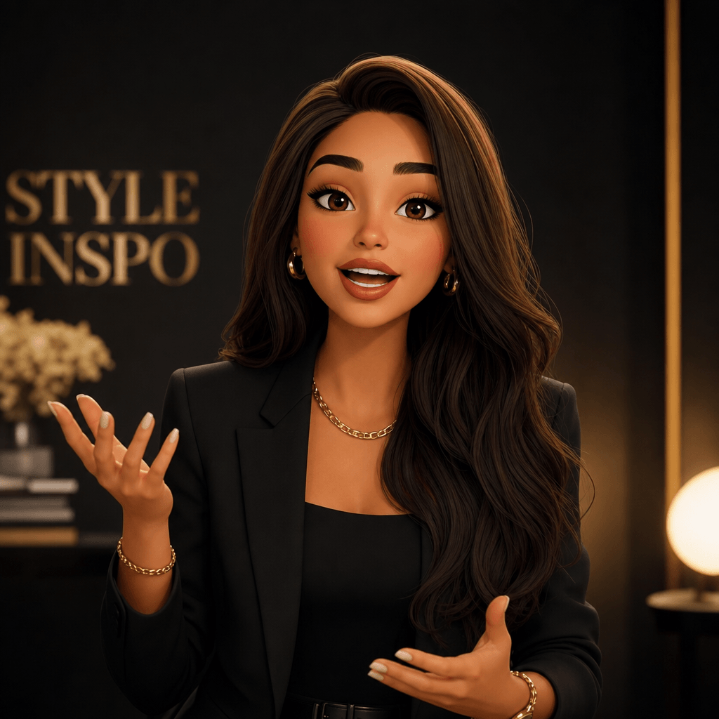Fashion influencer animated avatar with stylized realistic features, warm cinematic lighting, dark sophisticated gradien