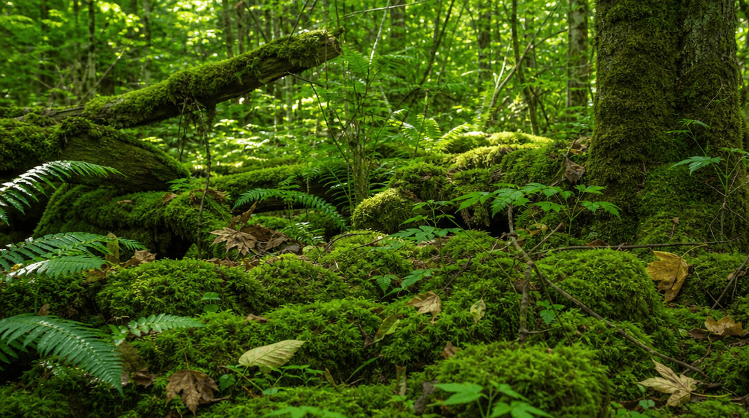 Dense moss-covered forest floor, vibrant green textures, ferns and fallen leaves, natural woodland setting, dappled sunl