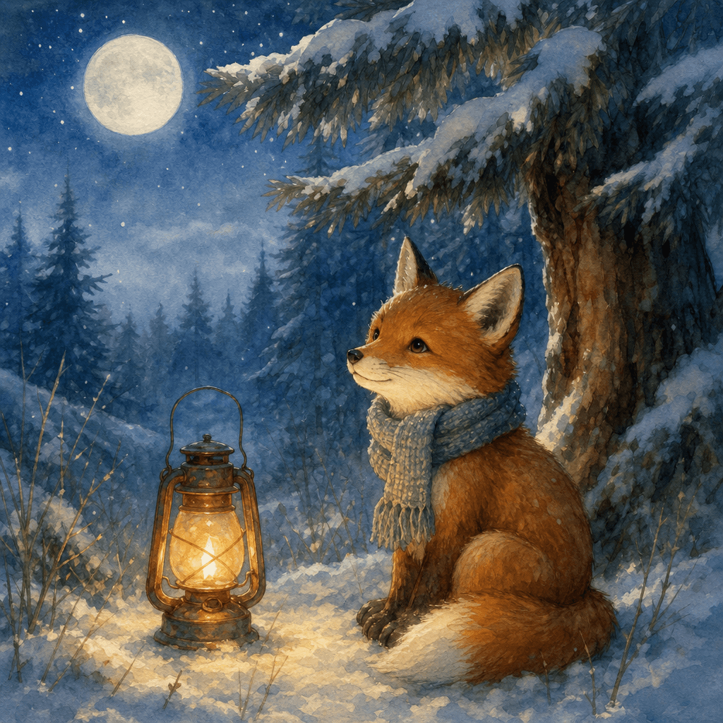 Children's book illustration: a small fox wearing a tiny wool scarf sits beside a glowing amber lantern in a moonlit win
