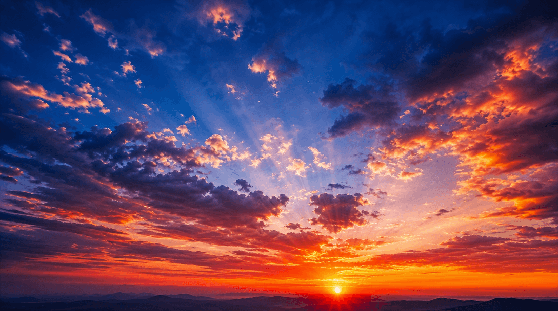 Vibrant gradient sky colors transitioning from deep blue to orange and pink sunset tones, atmospheric clouds, light rays