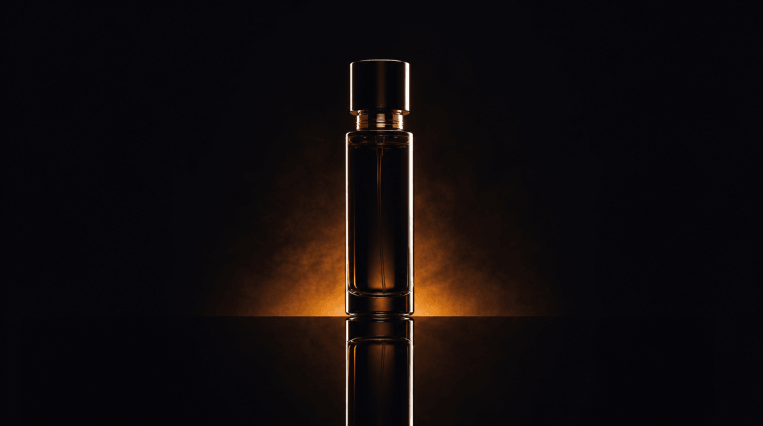 Dark editorial studio still-life: a tall luxury product bottle centered above a perfectly reflective black lacquered sur