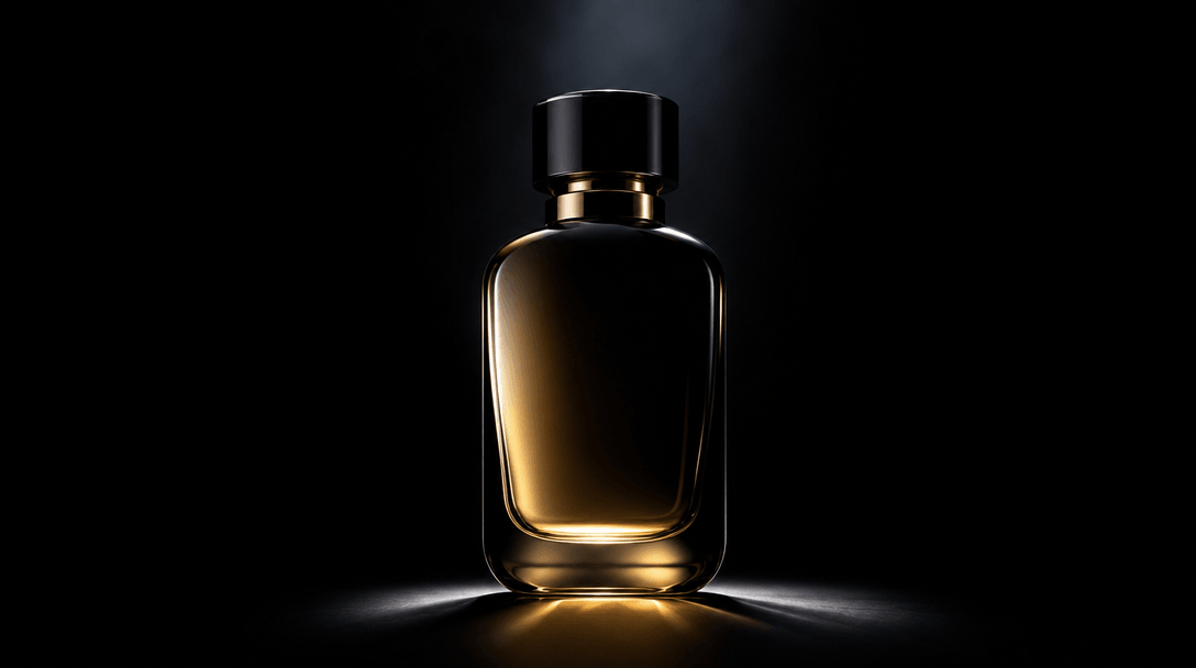 Abstract editorial still representing product transformation: a single glossy minimalist perfume bottle emerging from co