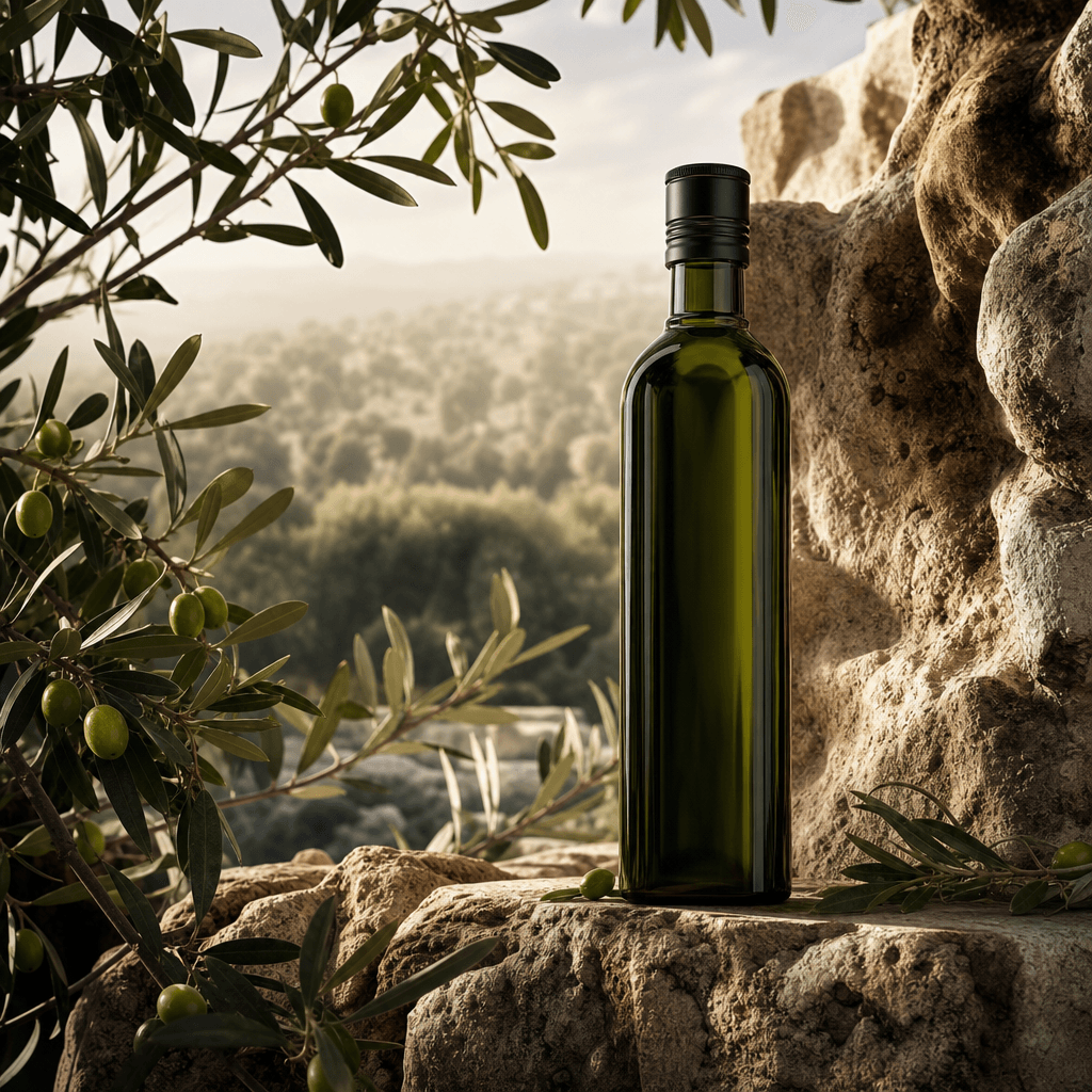 A refined olive oil bottle placed among ancient olive branches and pale limestone, with a distant Mediterranean grove di