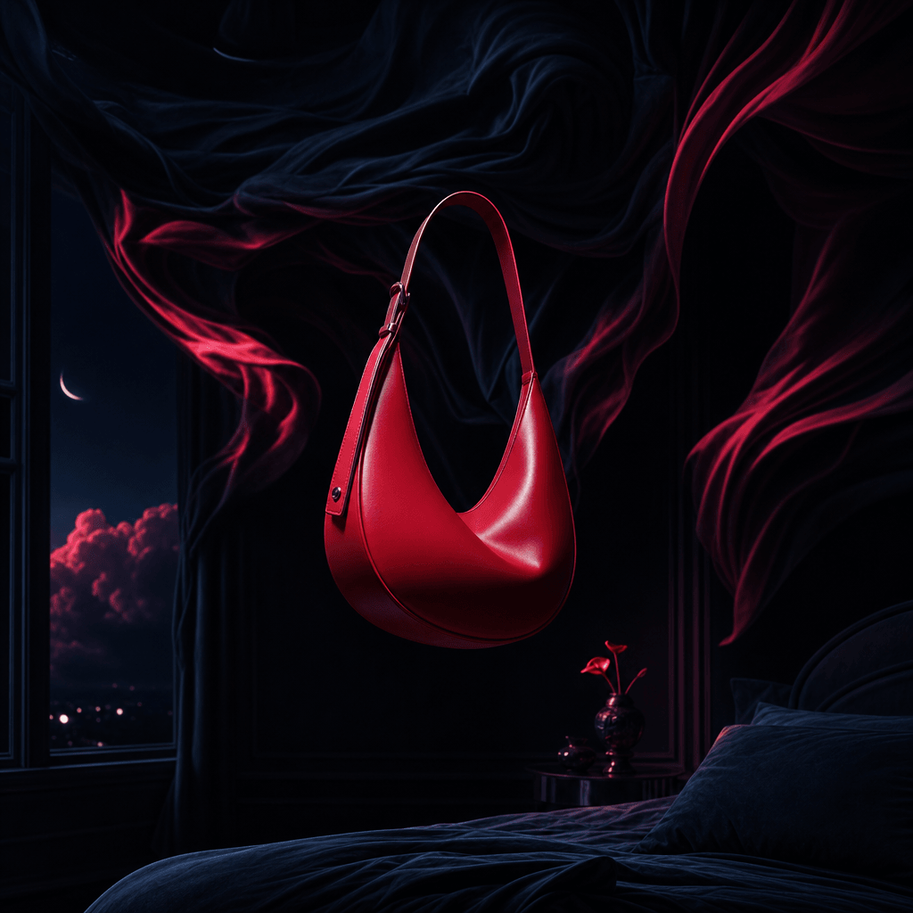 A sculptural red handbag suspended inside an impossible midnight bedroom where fabric folds flow upward like clouds. The