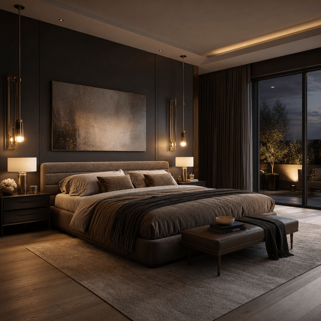 Photorealistic 3D render of a luxury master bedroom interior, dark moody walls with warm brass accent lighting, low cont