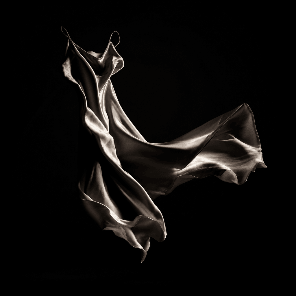 Fashion editorial: a silk garment suspended mid-air in a dark void, dramatic side lighting creating deep shadows and sha