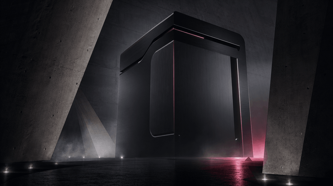 Abstract visualization of monumental scale: a precision-machined black metal electronics form emerging between immense c