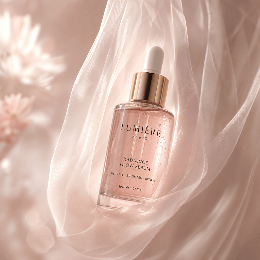 Visualize a beauty serum bottle elegantly suspended in a translucent veil, with soft lighting enhancing its features and