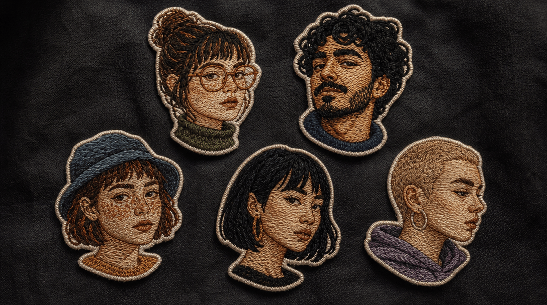 Collection of 5 embroidered sticker portraits arranged on dark fabric, each face different, various thread colors, artis