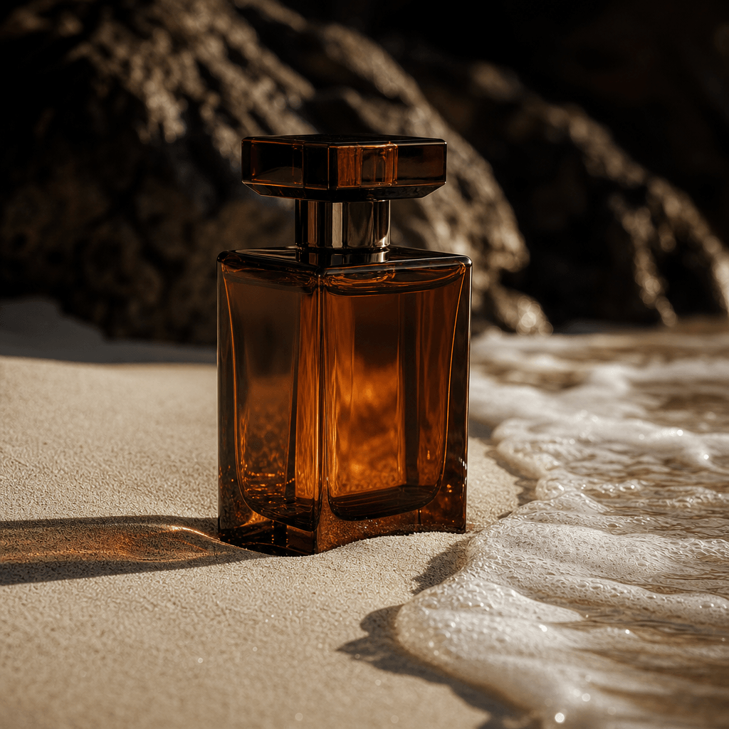 Dark amber glass perfume bottle standing in fine white sand, translucent sea foam reaching toward its base. Dramatic low