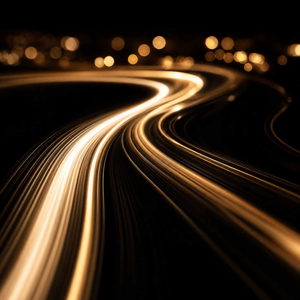 Abstract long-exposure light trails in warm white and soft gold arcing smoothly across a near-black frame, fluid flowing