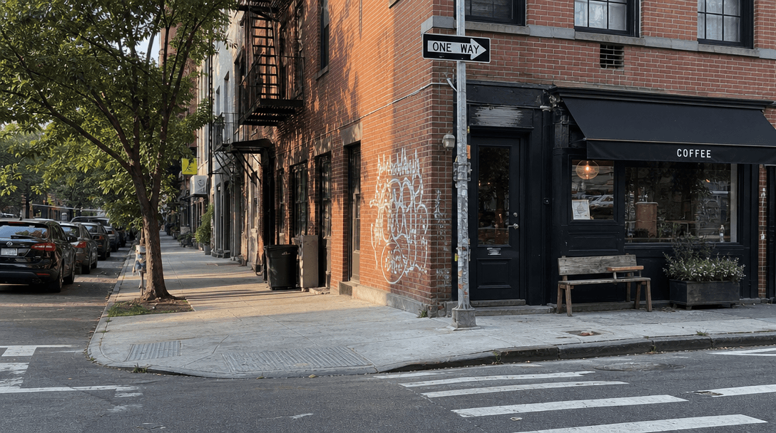 Urban street corner with natural sunlight and authentic city textures. Brick, pavement, natural shadows. Street-style at