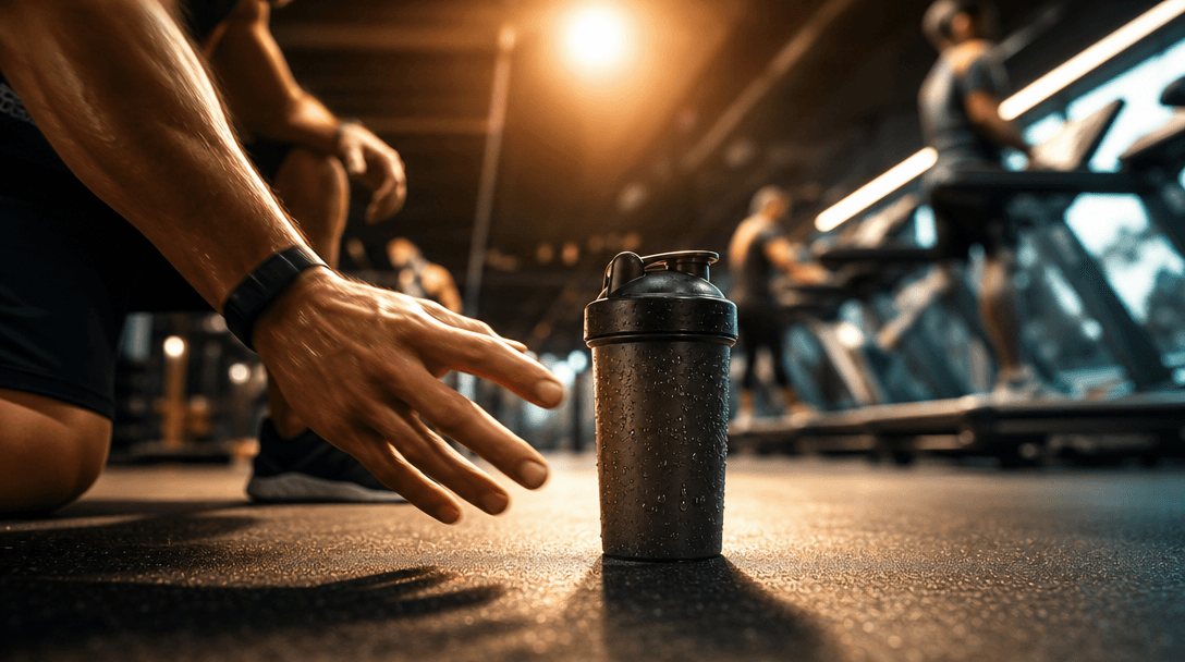 Wide cinematic lifestyle scene: a supplement shaker bottle sits on a dark gym floor mid-workout, athletic hands blurred 