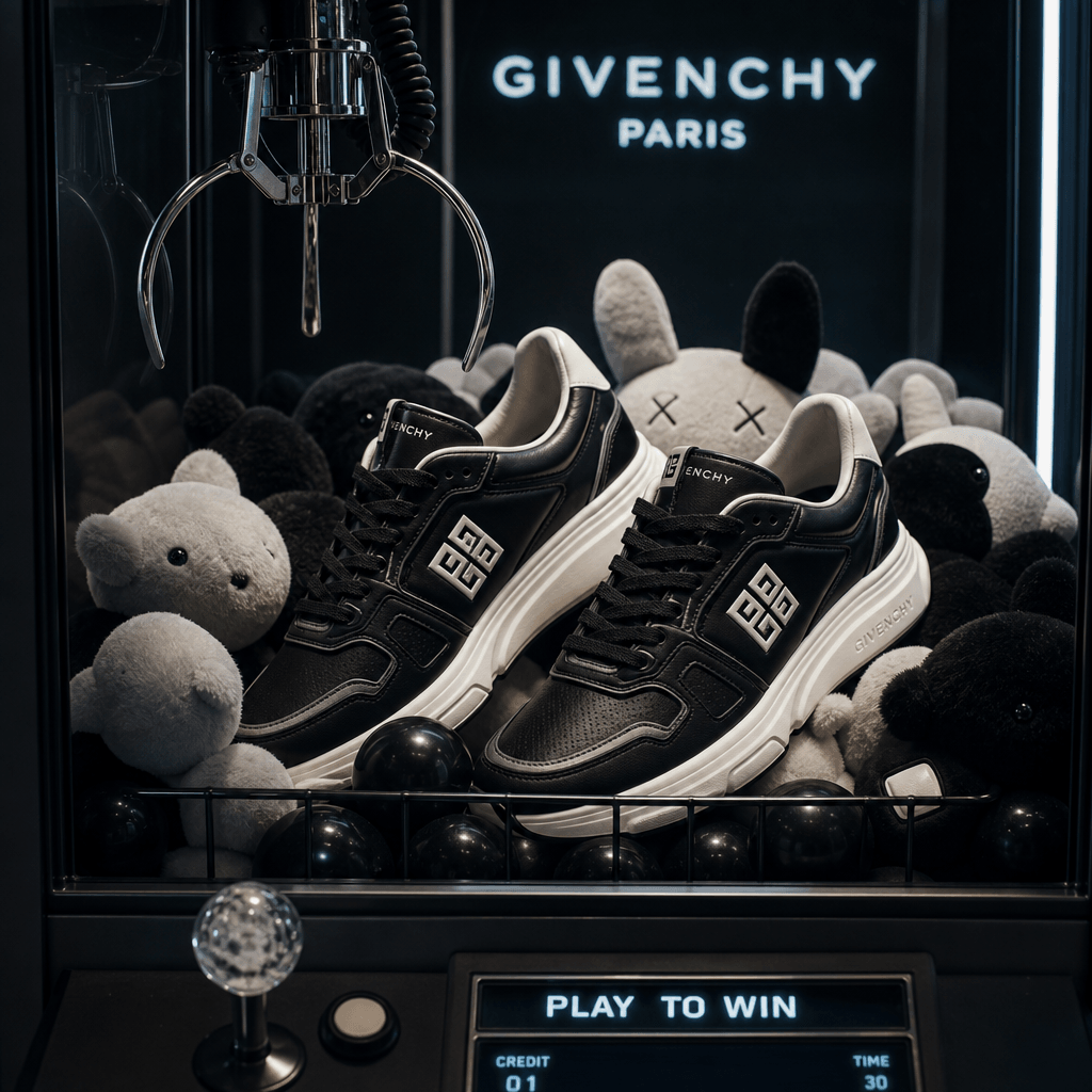 A pair of luxury sneakers arranged in a claw machine's prize basket, urban studio lighting, product-focused composition,