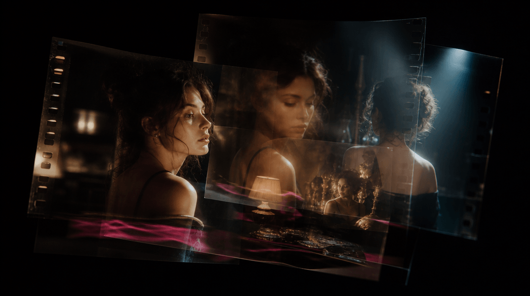 Multiple photographic interpretations of one memory represented by layered translucent film frames, warm tungsten light,