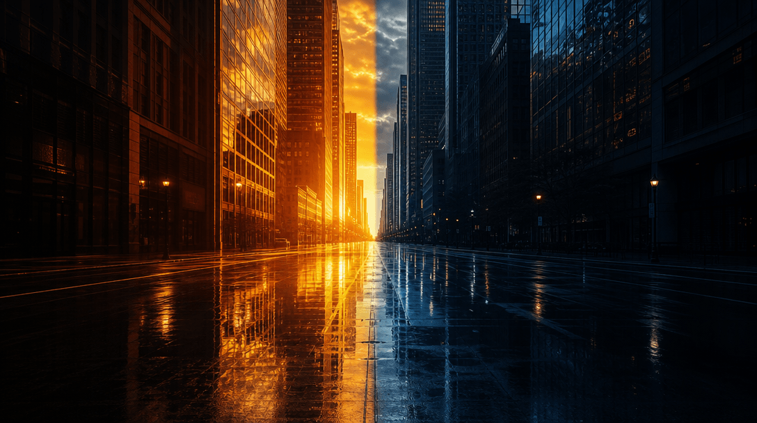 Cinematic wide shot of a city canyon at dusk: warm golden-hour light slices between skyscrapers illuminating one half of