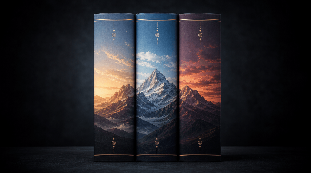 Series identity editorial shot: three hardcover books stood upright side by side, their spines forming a continuous pano