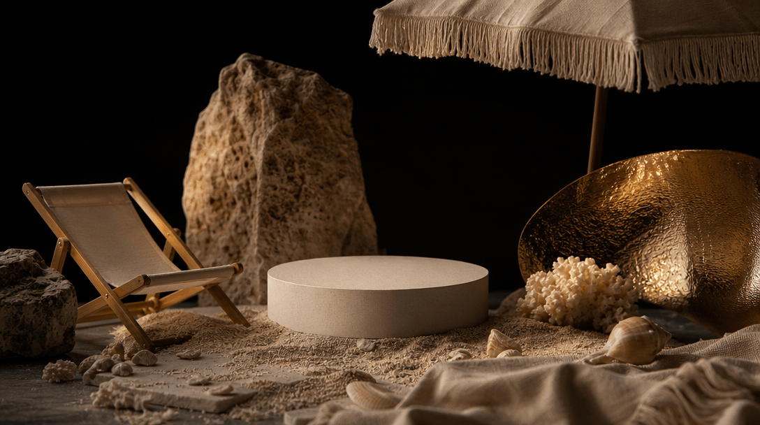 A deconstructed miniature beach set arranged like a sophisticated still life: canvas lounger, fine sand, parasol fabric,