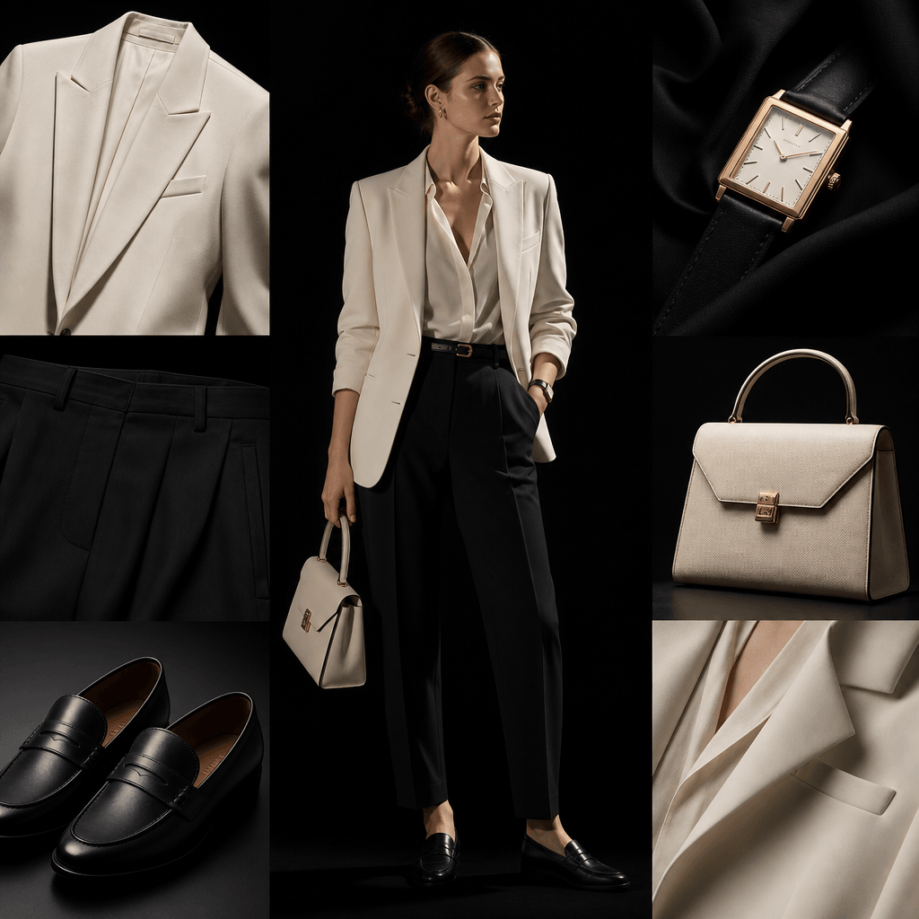 A refined minimalist outfit receipt composition with an ivory blazer, dark tailored trousers, leather loafers, watch, an