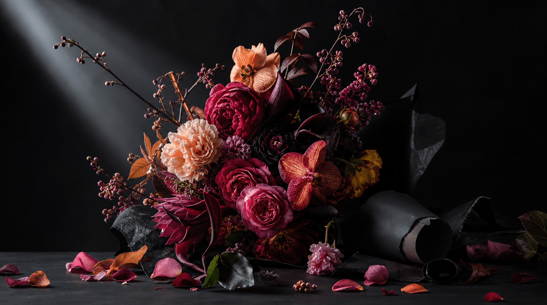An artfully arranged bouquet emerging from darkness on a matte black studio surface, surrounded by scattered petals, sof