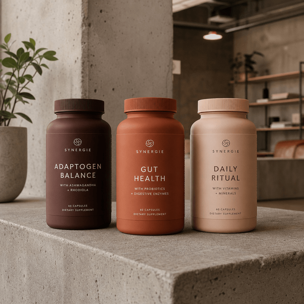 Three matte-label supplement bottles in earthy terracotta tones arranged on a raw concrete bench in a loft setting, warm