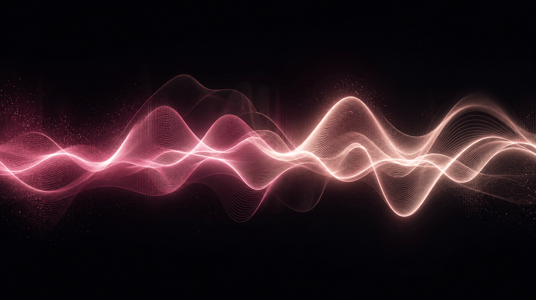 Abstract visualization of flowing speech waveforms rendered as luminous curved lines against a near-black (#0A0A0F) back