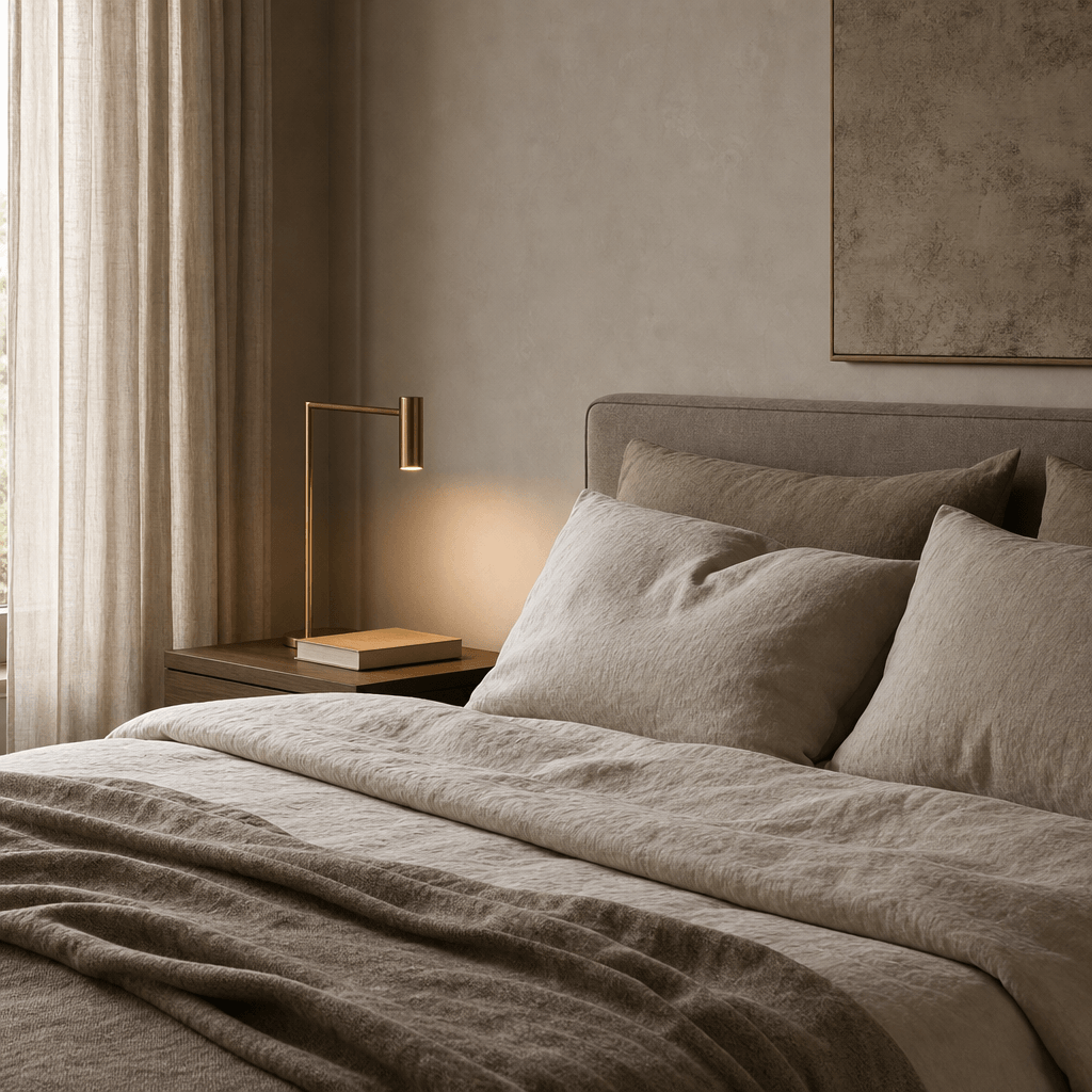Bedroom lifestyle scene: neatly layered linen bedding in warm taupe and oat tones, a slim geometric brushed-brass bedsid