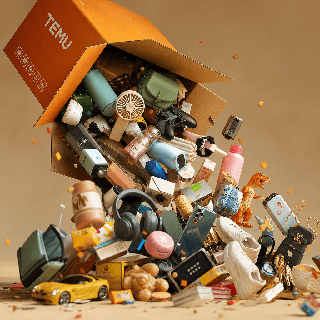 Diverse product collection tumbling out dramatically, avalanche cascade effect, vibrant ecommerce aesthetic, professiona