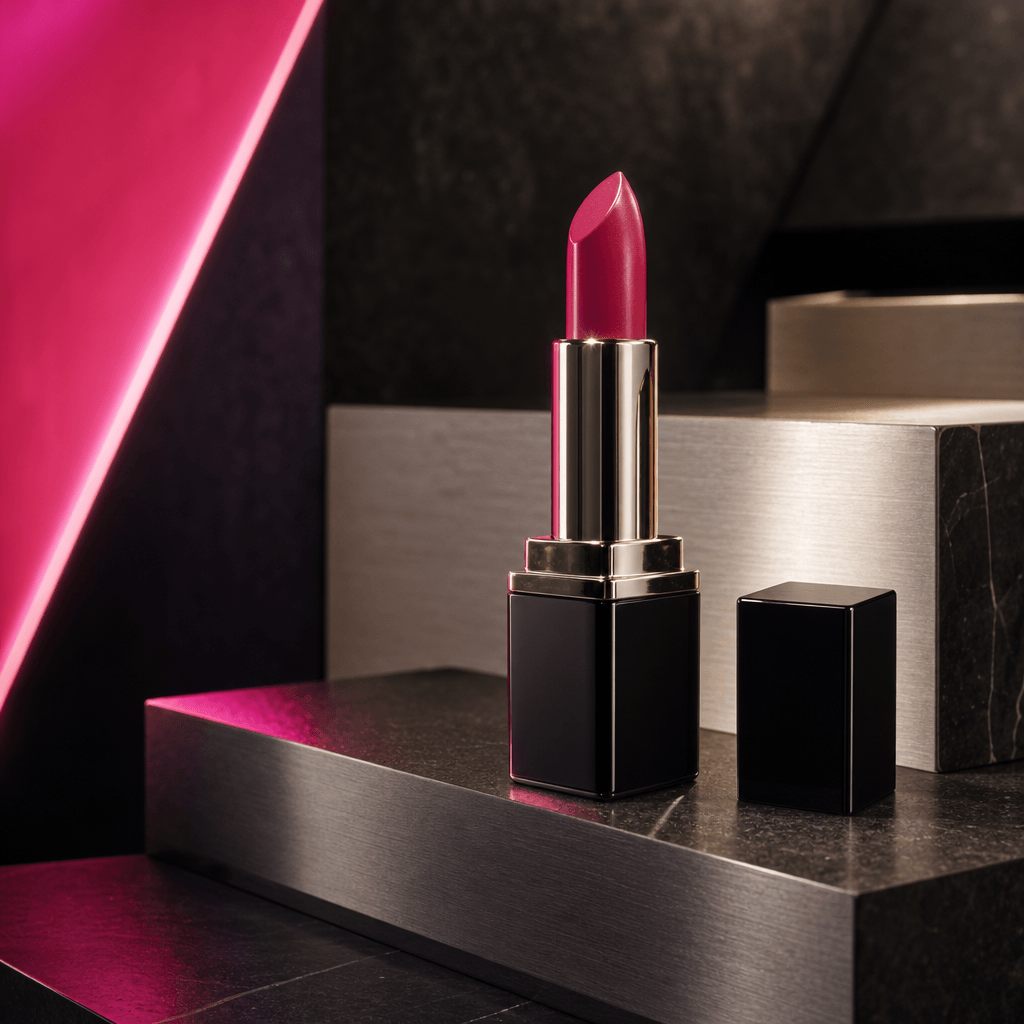 A vibrant lipstick tube arranged on an angular beauty-store display made from dark stone and brushed aluminum. Hot pink 