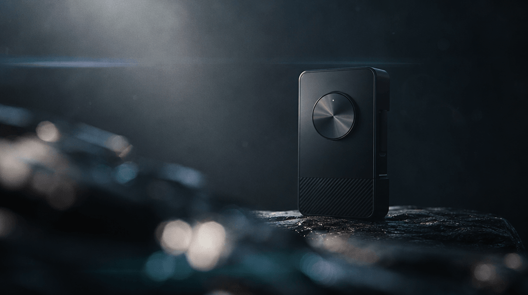 Cinema prime lens view of a product in subtle motion — smooth rack-focus pull from bokeh foreground to a sharp product h