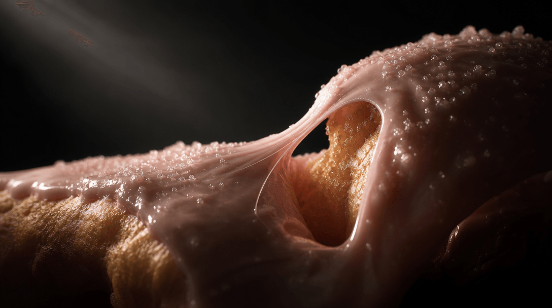 An abstract macro landscape of glossy donut icing stretching over soft golden pastry, fine sugar crystals catching a nar