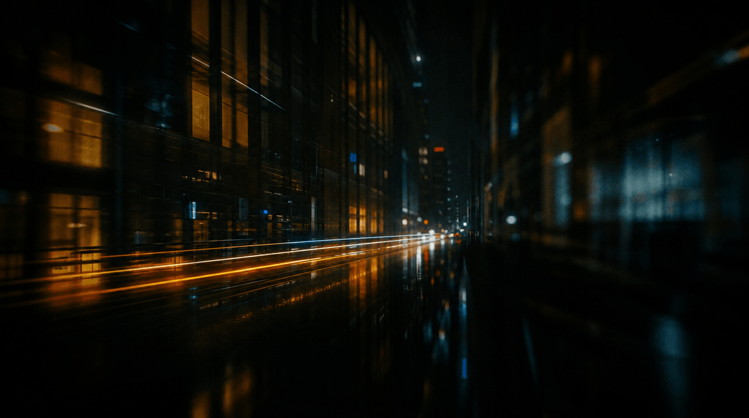 Abstract cinematic 16:9 image representing Sora 2 video realism: fine motion-blur light streaks through a dark urban can