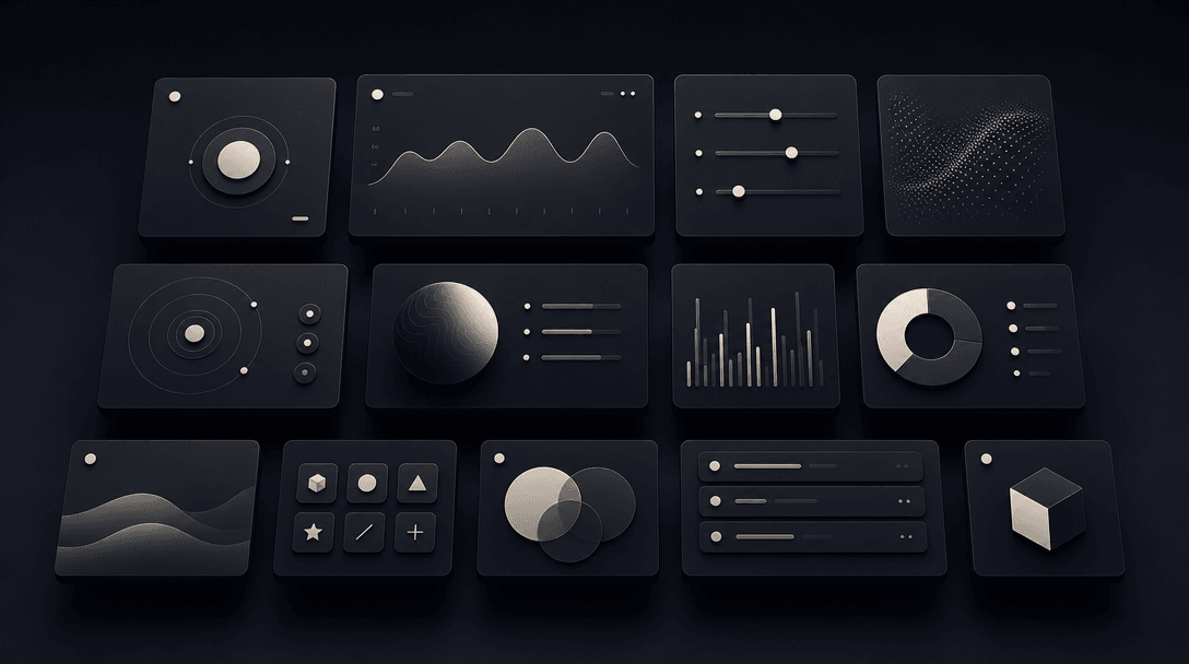 An organized grid of dark floating UI card shapes arranged in three rows at subtly varying depths, editorial overhead li