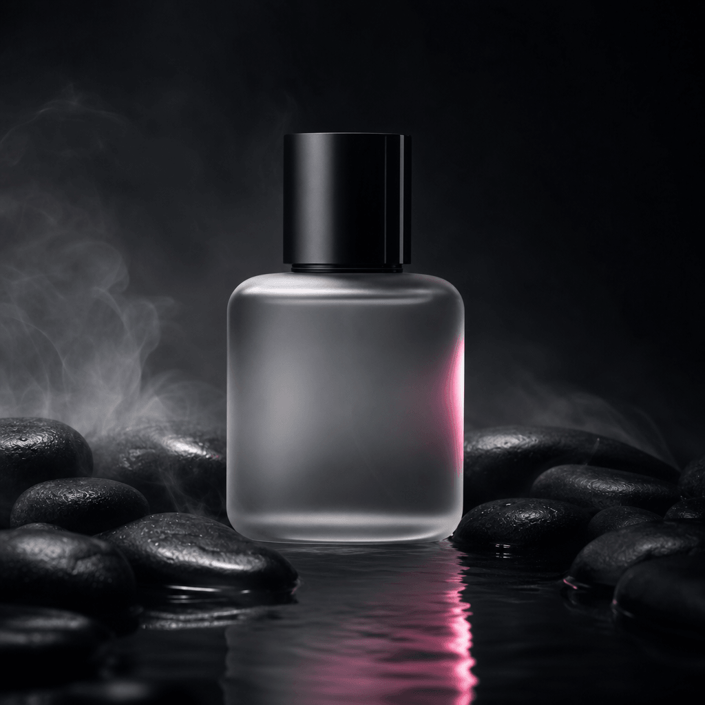A frosted glass fragrance bottle resting among smooth black river stones with a thin veil of mist and one precise pink r