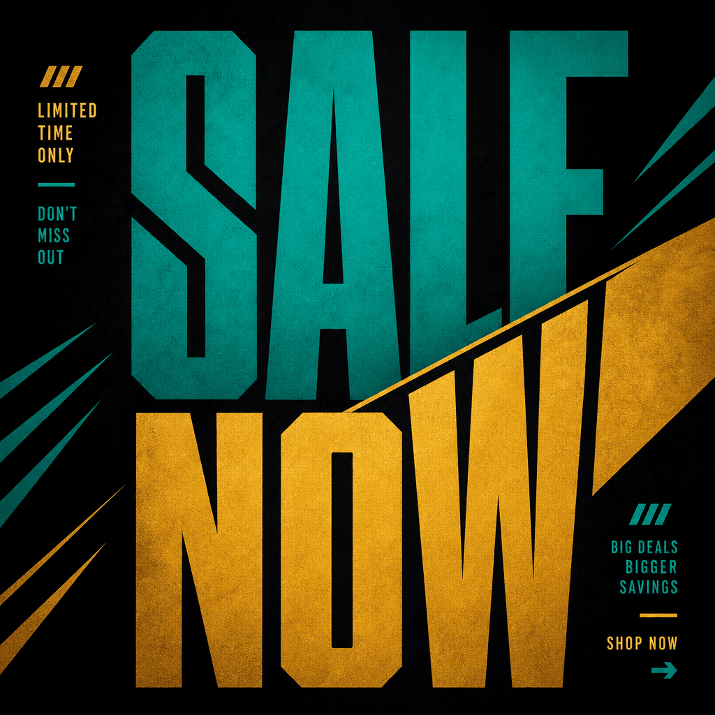 Bold poster with 'SALE NOW' in condensed geometric typeface, teal and gold color split design, dark editorial background