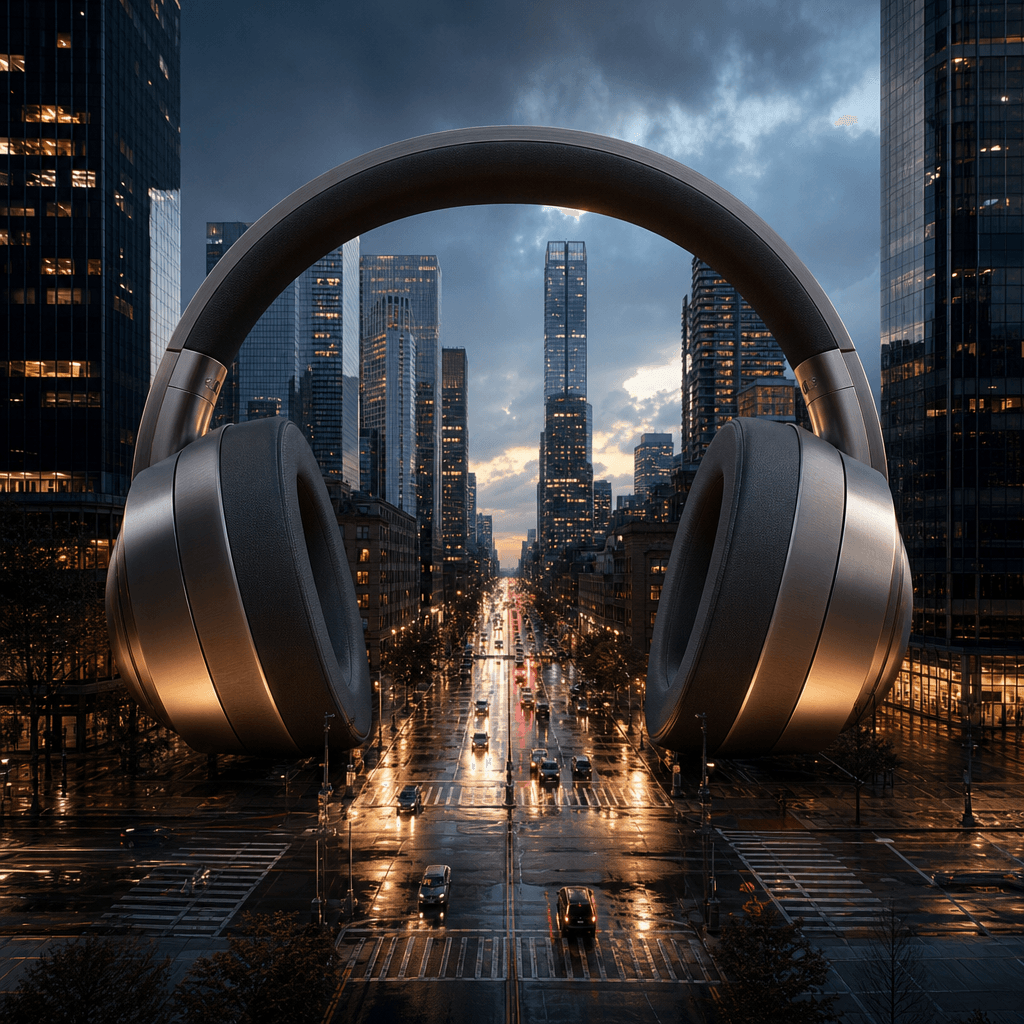 Giant over-ear headphones arching above a downtown intersection like monumental architecture, realistic brushed metal an