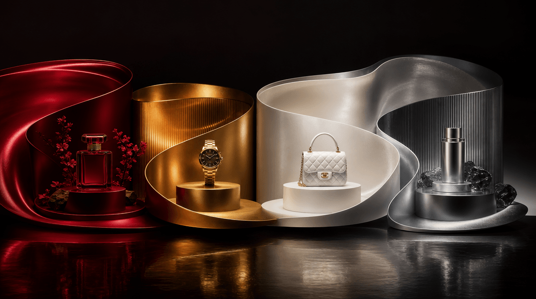 Four coordinated luxury product pedestals connected by one flowing serpentine ribbon, each area shaped by a different li