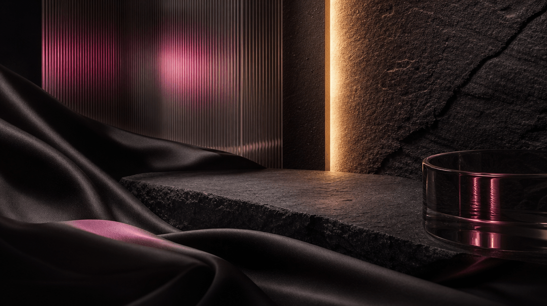 Layered charcoal silk, brushed stone, translucent glass, and a narrow ribbon of warm light arranged as an elegant abstra