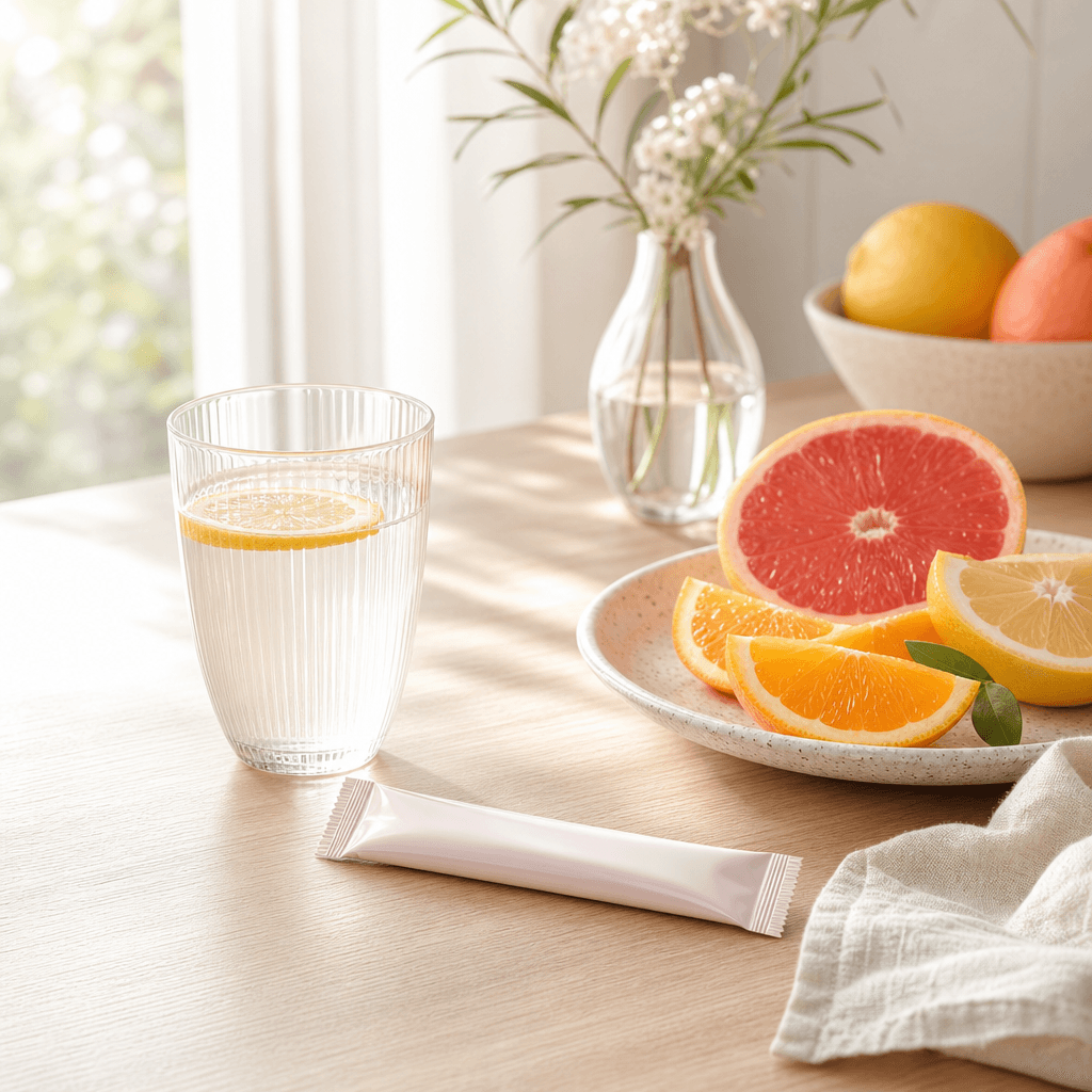 Bright airy morning lifestyle scene with a collagen supplement sachet on a light wood breakfast table beside sliced citr