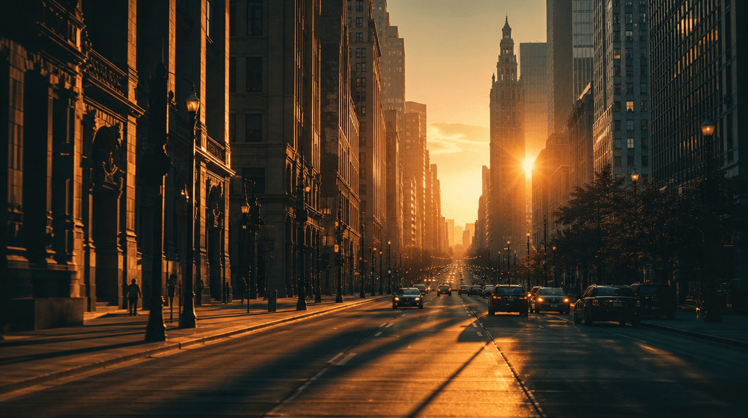A dramatic wide street scene at golden hour looking down a long urban boulevard. Warm directional light casts long paral