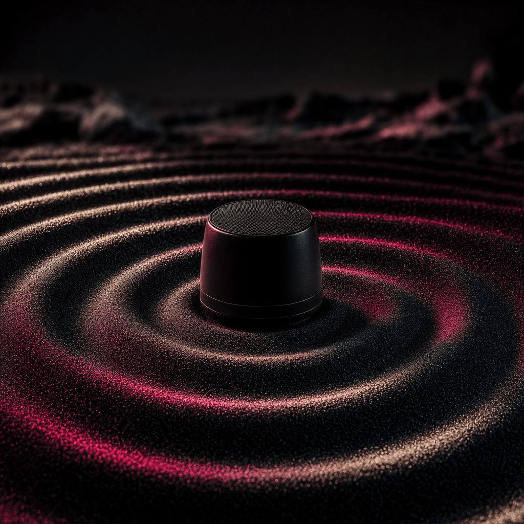 A compact wireless speaker causing concentric waves through a field of black sand, each wave catching soft off-white and