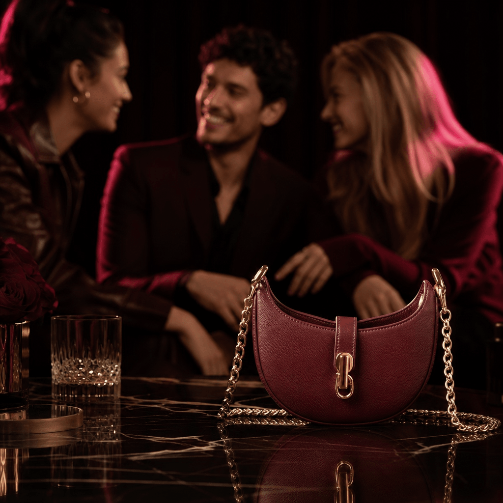 A fashion accessory displayed in the foreground while a small group of friends shares an upbeat, reassuring conversation