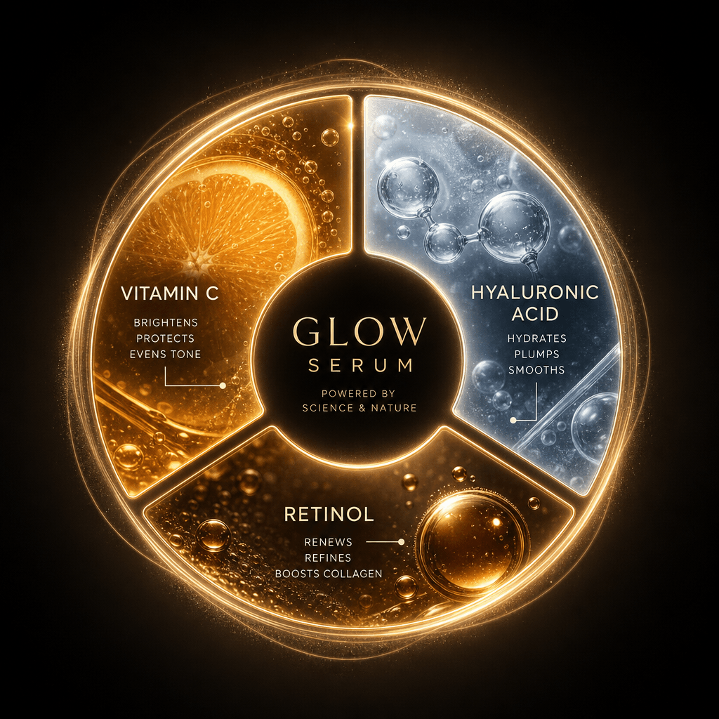 Close-up of a glowing ingredient wheel infographic for skincare serum, showing vitamin C, hyaluronic acid, and retinol a