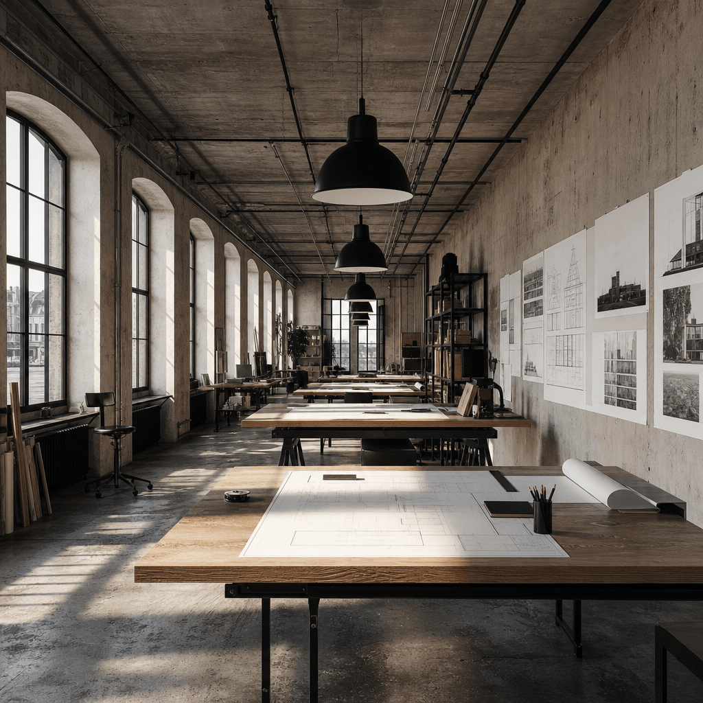 Contemporary architect's studio interior with exposed concrete ceiling, matte black industrial pendant lamps, wide woode