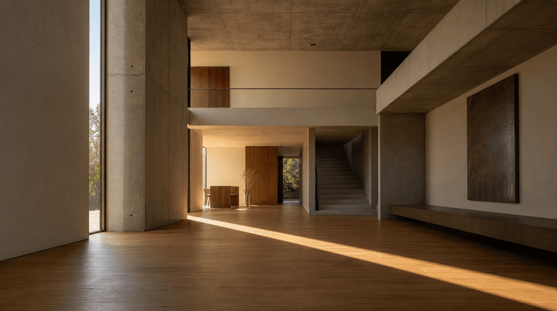 Interior space study of a minimalist double-height room with exposed concrete ceiling, warm oak flooring, and a single d
