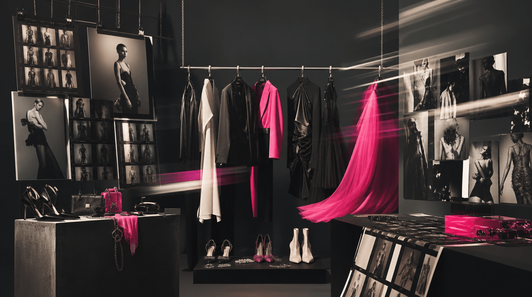 A fashion production scene expressed abstractly through suspended garments, neatly aligned accessories, moving light str