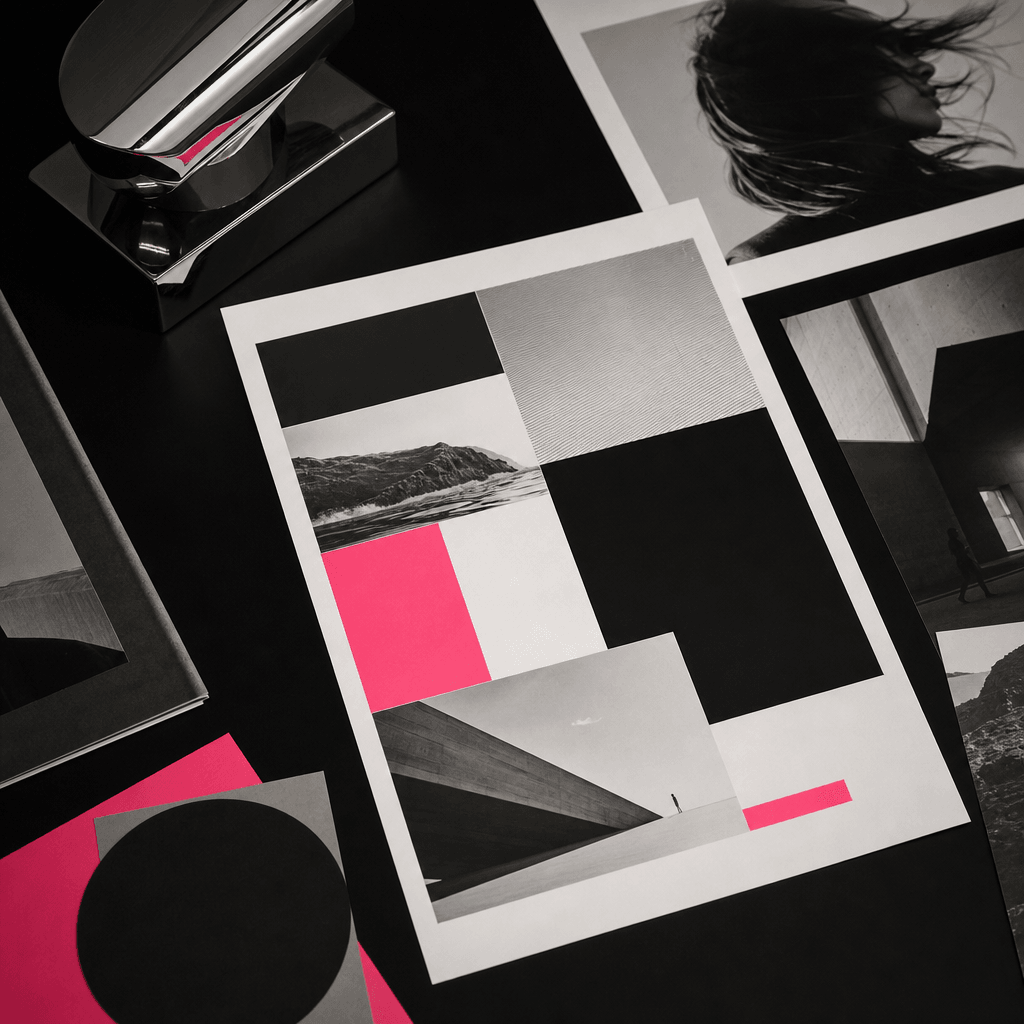A creative agency one-pager displayed among monochrome image proofs, geometric cut paper and a polished chrome object, d