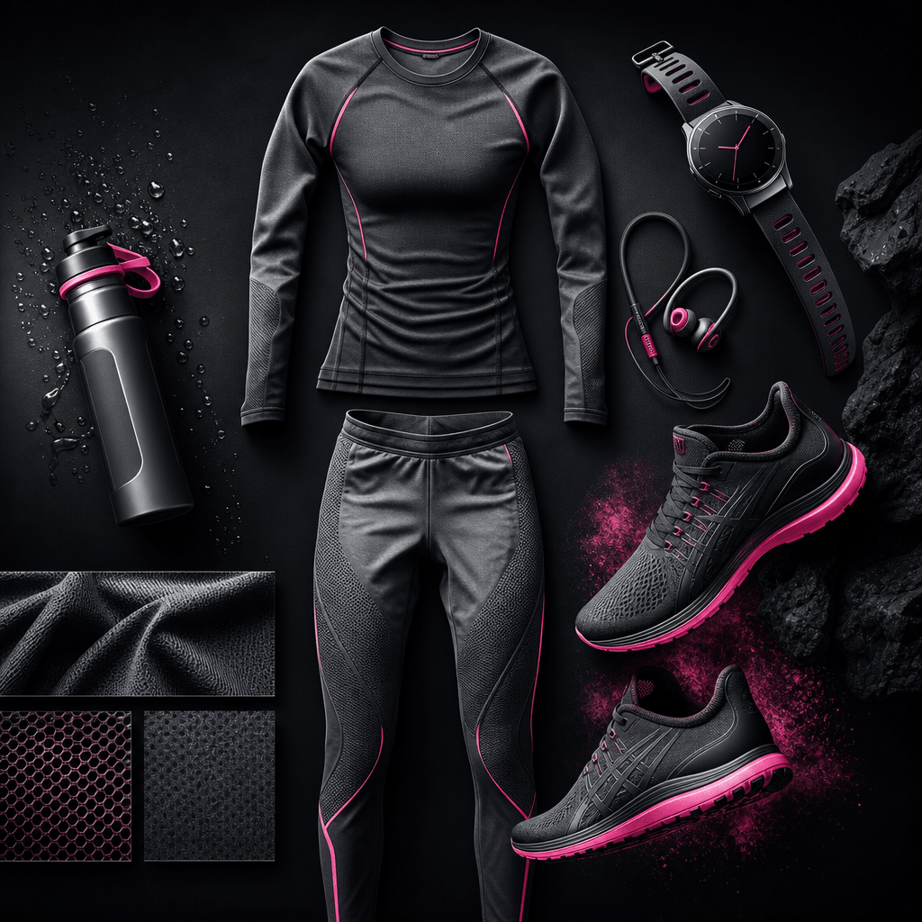 High-performance athletic fashion collage with a fitted graphite training set, running shoes, sports watch, compact head