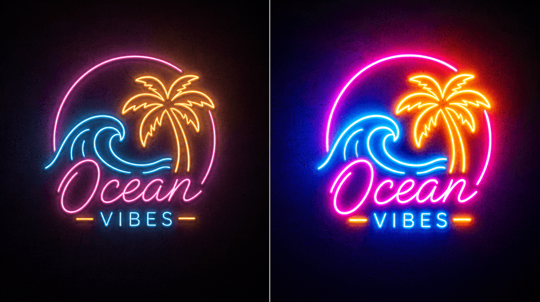 Split-screen composition: left side shows neon sign with soft ambient glow, right side shows same logo with intense brig